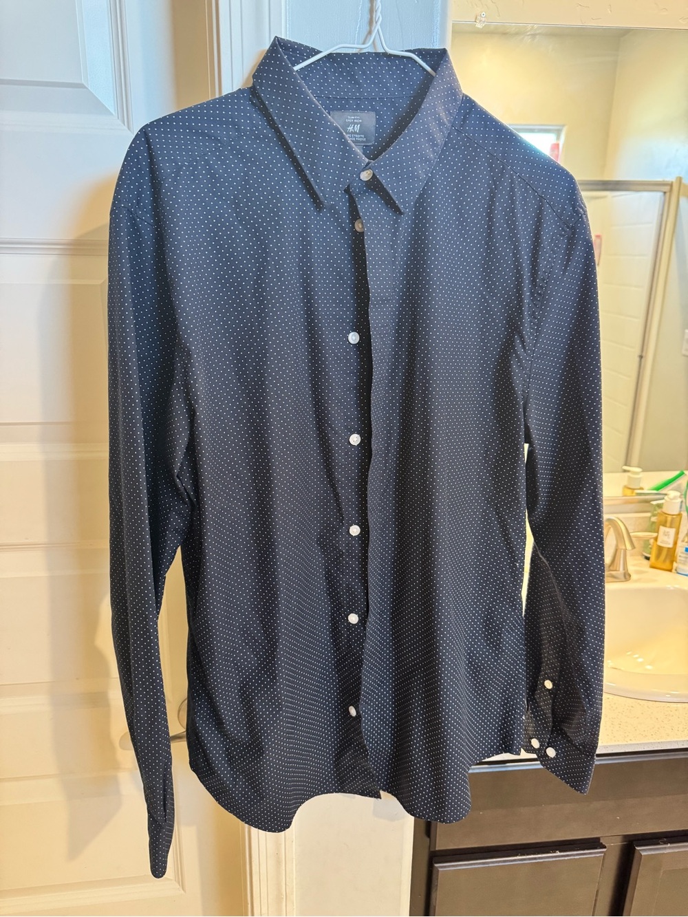 H&M Men's Navy Button-Up Shirt with White Micro Dot Print